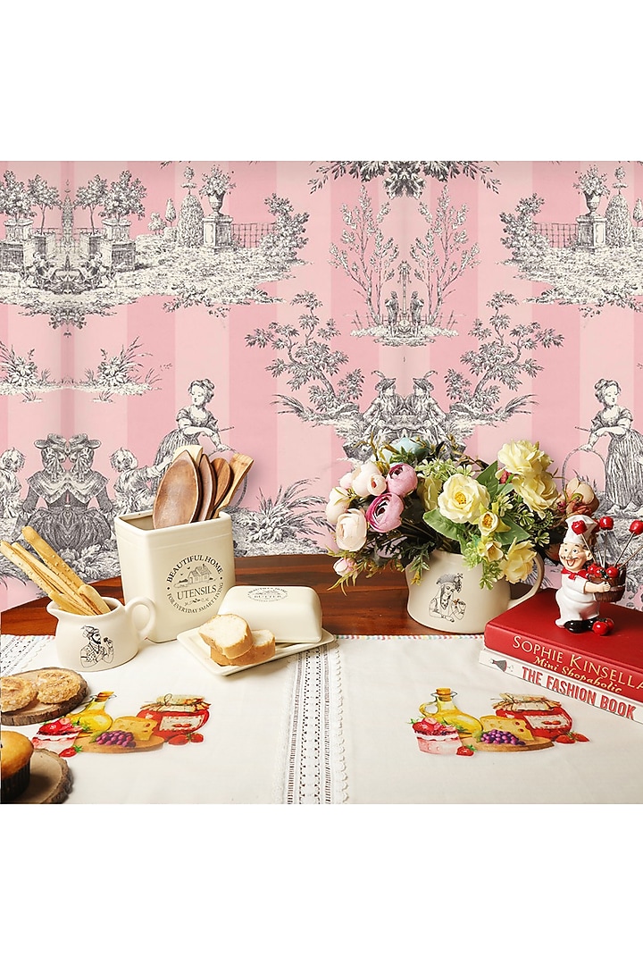 White Organic Cotton Rose Macaron Printed Table Runner by DE CHEVALERiE en Rouge at Pernia's Pop Up Shop