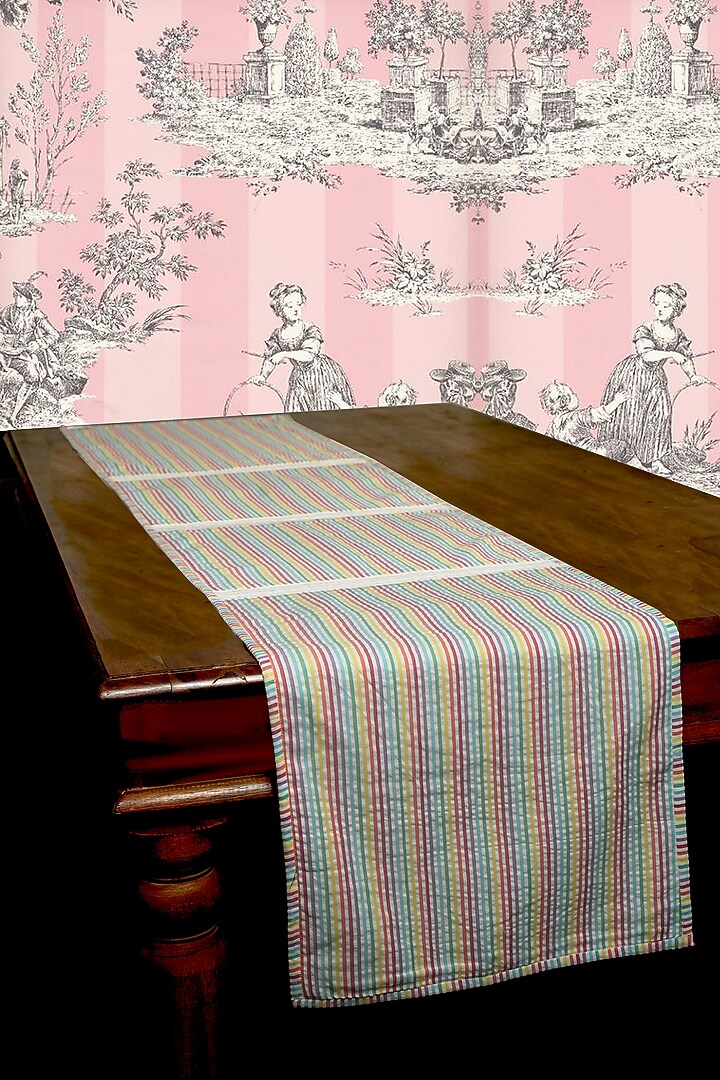 White Organic Cotton Rose Macaron Printed Table Runner by DE CHEVALERiE en Rouge at Pernia's Pop Up Shop