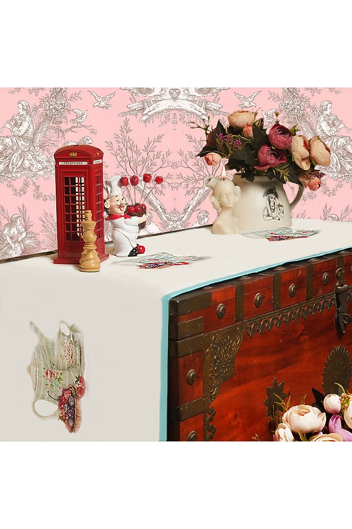 White Organic Cotton Persian Ocher Printed Table Runner by DE CHEVALERiE en Rouge at Pernia's Pop Up Shop