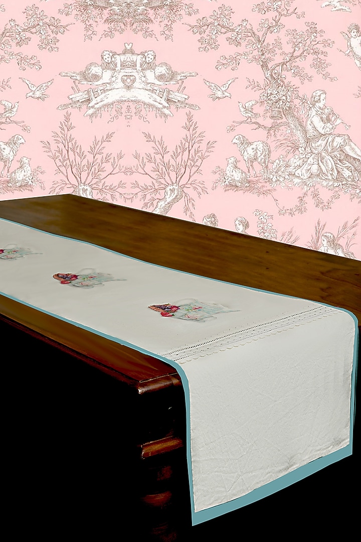 White Organic Cotton Persian Ocher Printed Table Runner by DE CHEVALERiE en Rouge at Pernia's Pop Up Shop