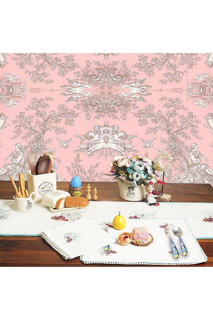 White Organic Cotton Persian Ocher Printed Table Runner by DE CHEVALERiE en Rouge at Pernia's Pop Up Shop