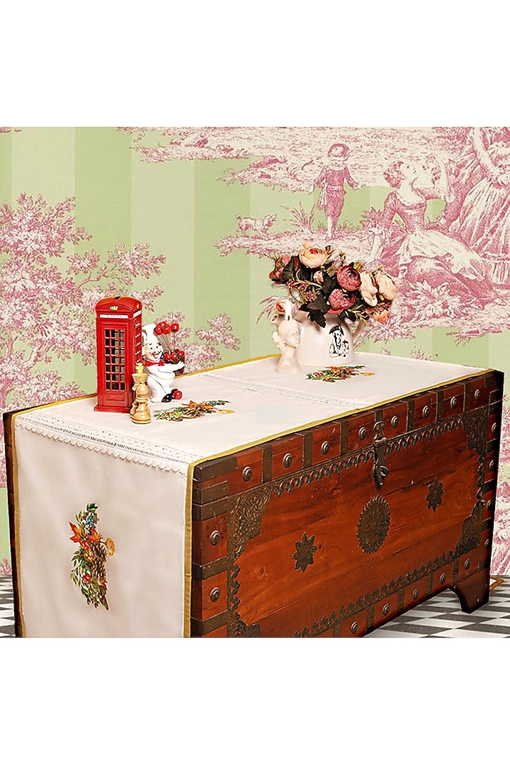 White Organic Cotton Christmas Noel Printed Table Runner by DE CHEVALERiE en Rouge at Pernia's Pop Up Shop