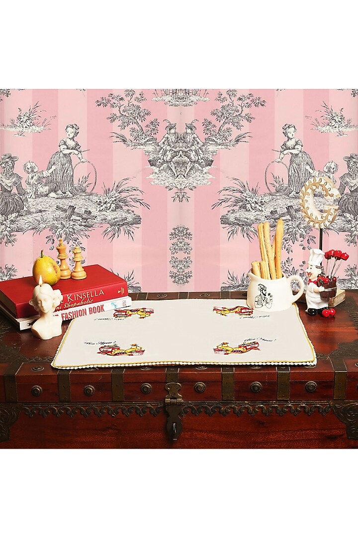 White Organic Cotton Rose Macaron Printed Table Mat Set by DE CHEVALERiE en Rouge at Pernia's Pop Up Shop