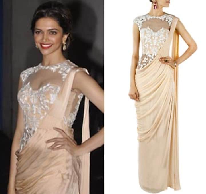 Nude and ivory pre stitched sari-gown available only at Pernia's Pop-Up Shop.