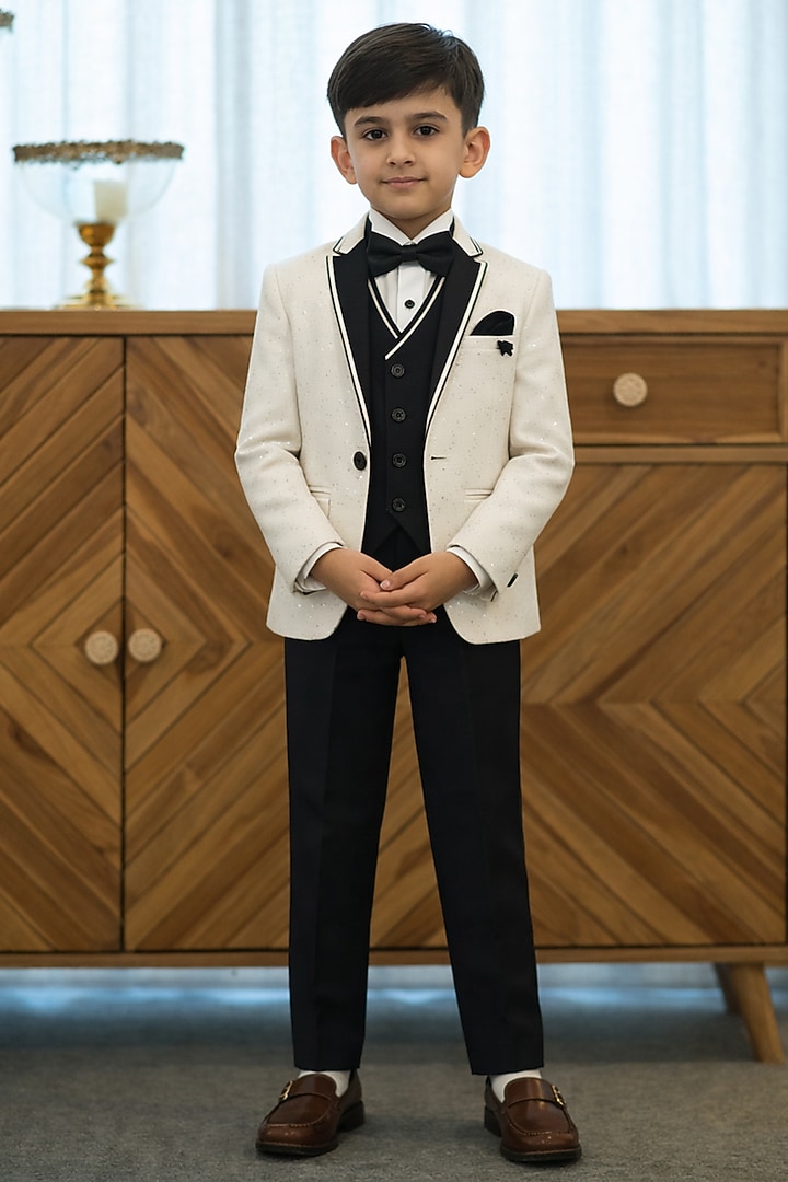 White Blended Tuxedo Set For Boys by Devils N Angels at Pernia's Pop Up Shop