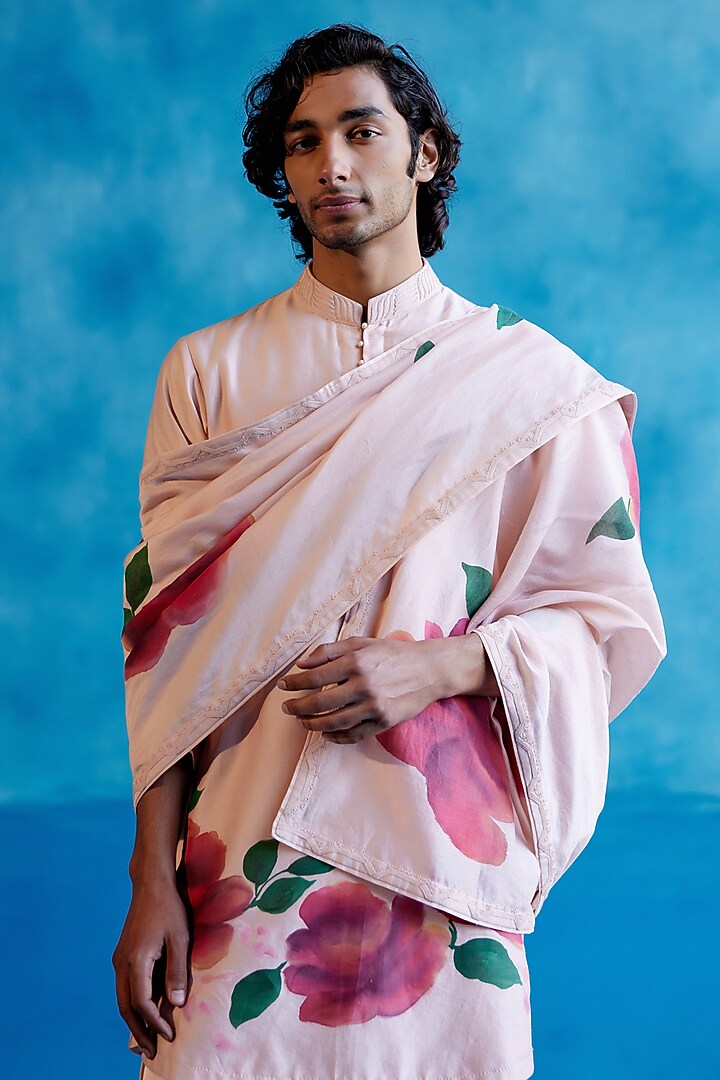 Blush Pink Silk Chanderi Hand Painted & Embroidered Stole by Devnaagri Men at Pernia's Pop Up Shop
