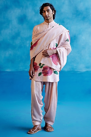 Blush Pink Silk Chanderi Hand Painted & Embroidered Stole by Devnaagri Men