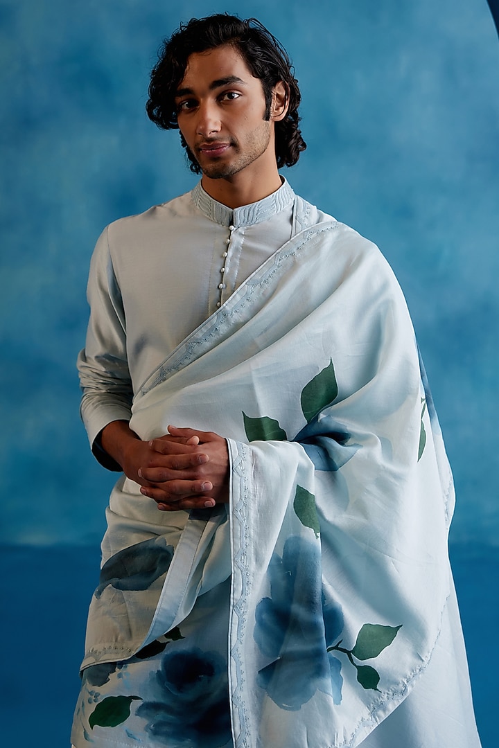 Ice Blue Silk Chanderi Hand Painted & Embroidered Stole by Devnaagri Men at Pernia's Pop Up Shop