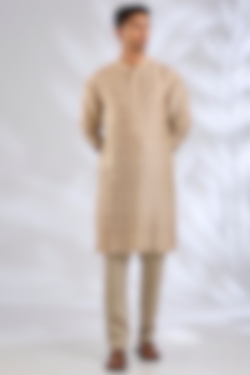 Sand Summer Tussar Silk Aari Embroidered Kurta Set by Devnaagri Men at Pernia's Pop Up Shop