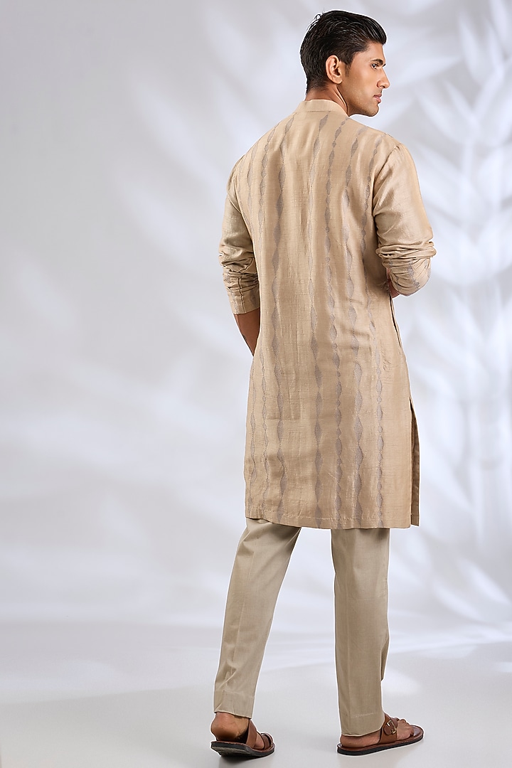 Sand Summer Tussar Silk Aari Embroidered Kurta Set by Devnaagri Men at Pernia's Pop Up Shop