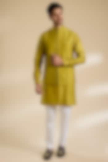 Lemon Yellow Silk Chanderi Dori Embroidered Bundi Jacket Set by Devnaagri Men