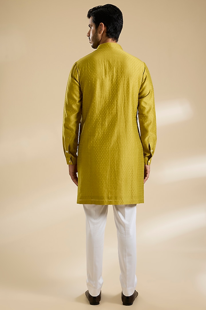 Lemon Yellow Silk Chanderi Dori Embroidered Bundi Jacket Set by Devnaagri Men at Pernia's Pop Up Shop