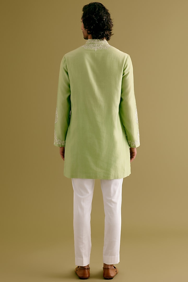 Pistachio Green Silk Chanderi Dori Embroidered Kurta Set by Devnaagri Men at Pernia's Pop Up Shop