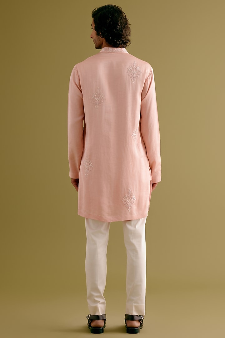 Blush Pink Silk Satin Dori Embroidered Kurta Set by Devnaagri Men at Pernia's Pop Up Shop