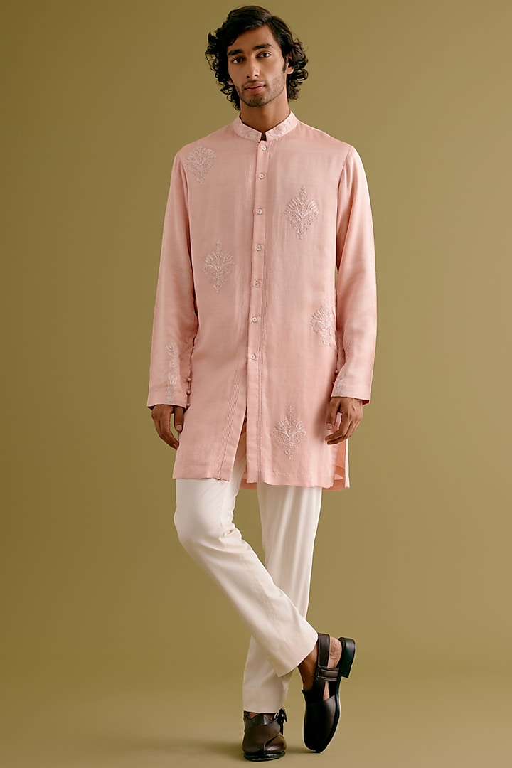 Blush Pink Silk Satin Dori Embroidered Kurta Set by Devnaagri Men