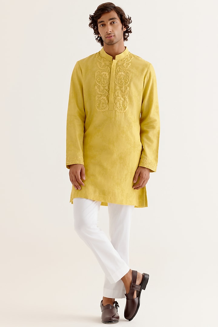 Mustard Yellow Silk Chanderi Block Printed & Dori Embroidered Kurta Set by Devnaagri Men at Pernia's Pop Up Shop