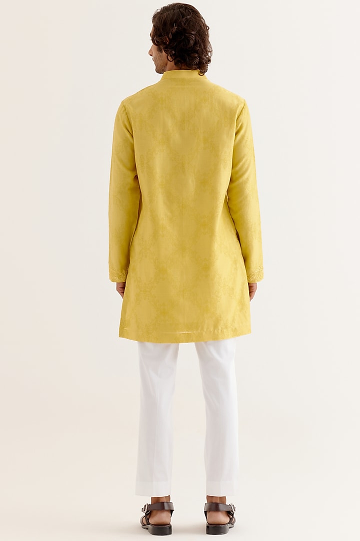 Mustard Yellow Silk Chanderi Block Printed & Dori Embroidered Kurta Set by Devnaagri Men at Pernia's Pop Up Shop