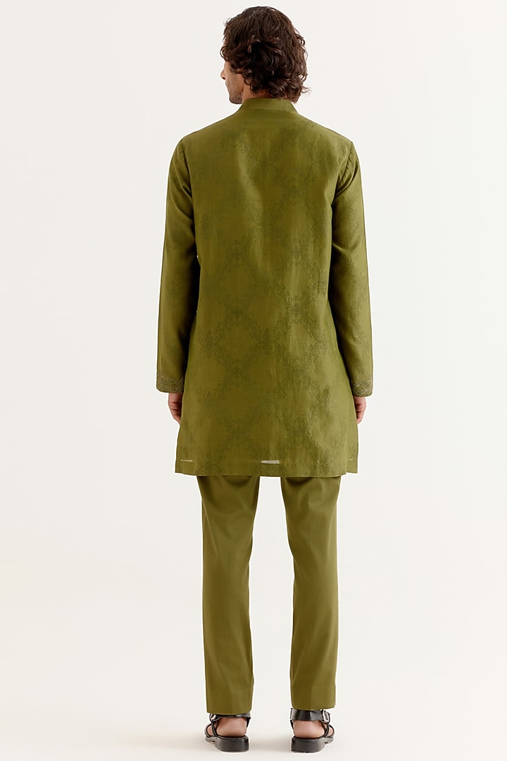 Olive Green Silk Chanderi Block Printed & Dori Embroidered Kurta Set by Devnaagri Men at Pernia's Pop Up Shop