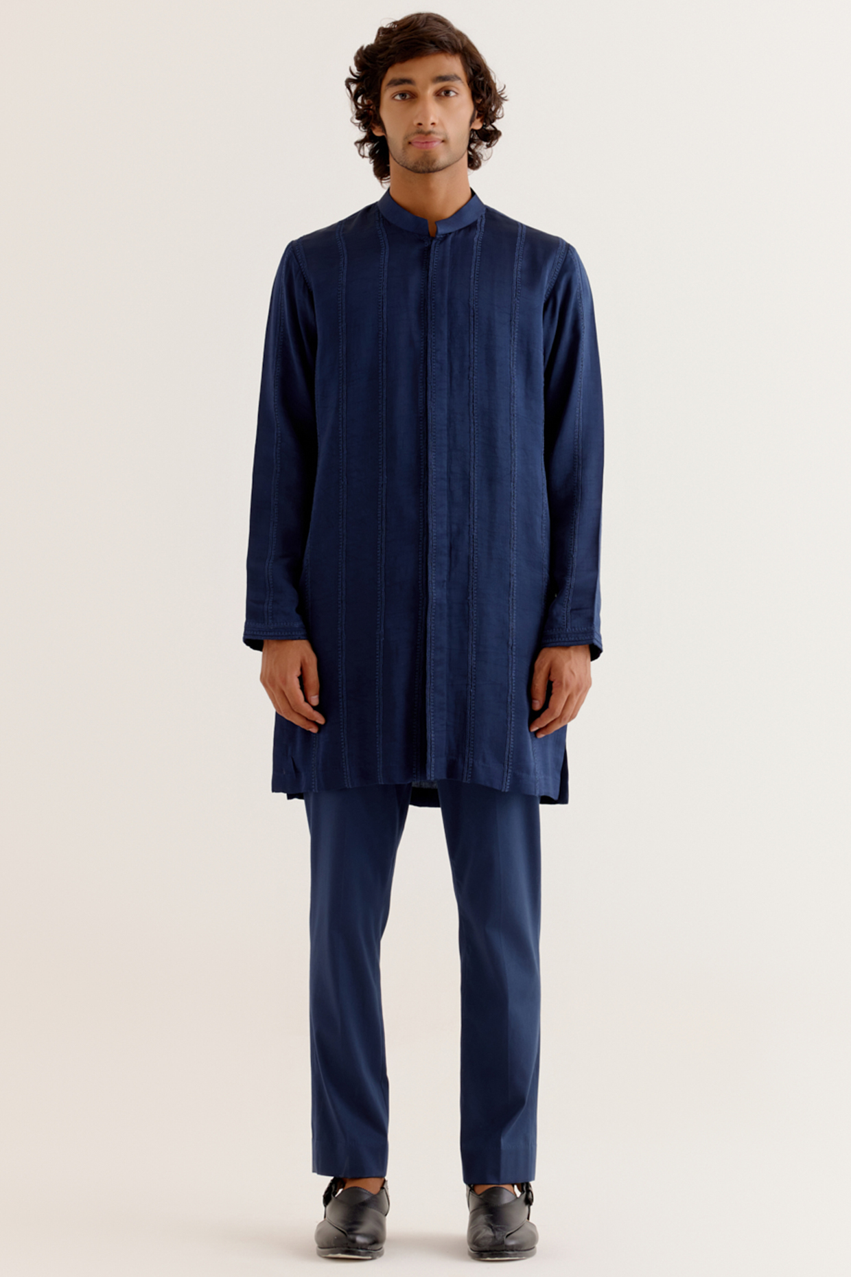 Deep Blue Silk Satin Dori Embroidered Kurta Set by Devnaagri Men