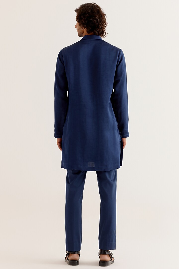 Deep Blue Silk Satin Dori Embroidered Kurta Set by Devnaagri Men at Pernia's Pop Up Shop