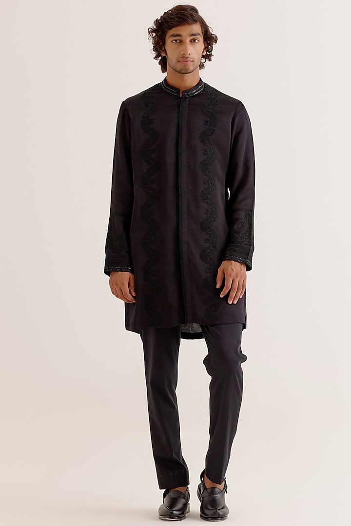 Black Silk Satin Dori Embroidered Kurta Set by Devnaagri Men