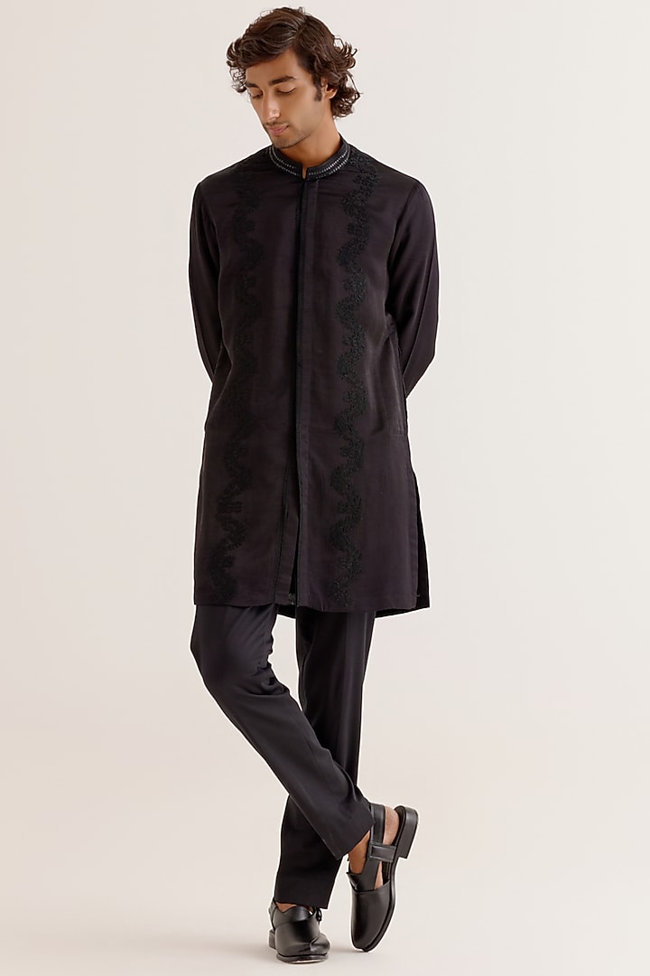 Black Silk Satin Dori Embroidered Kurta Set by Devnaagri Men at Pernia's Pop Up Shop