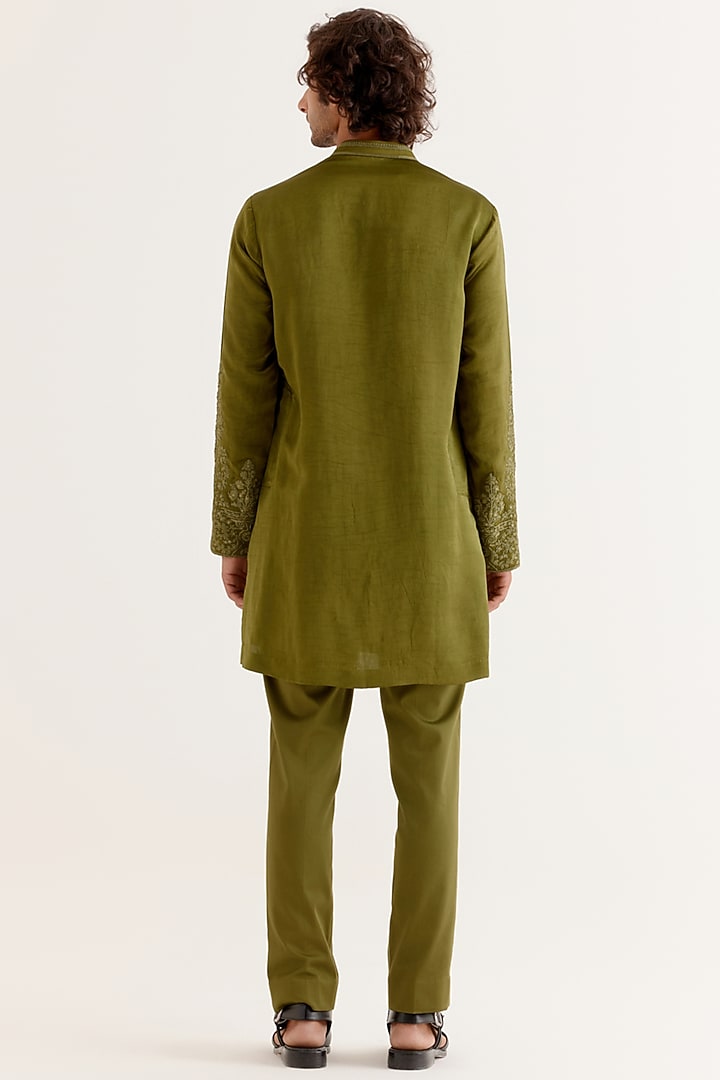 Olive Green Silk Satin Dori Embroidered Kurta Set by Devnaagri Men at Pernia's Pop Up Shop