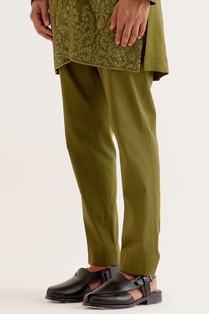 Olive Green Silk Satin Dori Embroidered Kurta Set by Devnaagri Men at Pernia's Pop Up Shop