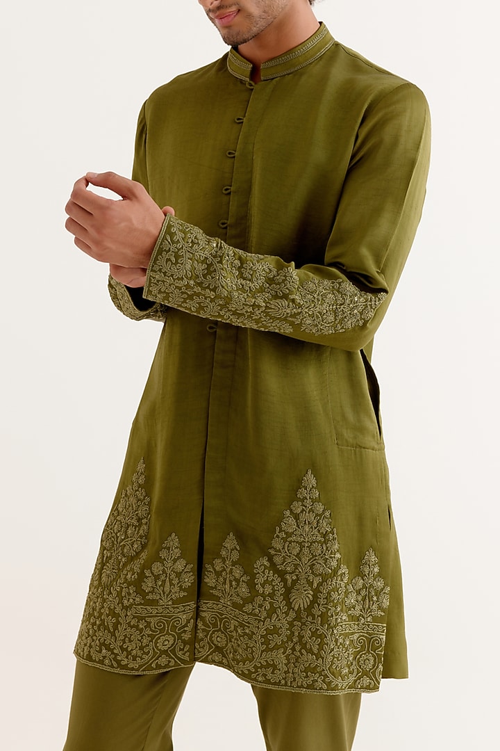 Olive Green Silk Satin Dori Embroidered Kurta Set by Devnaagri Men at Pernia's Pop Up Shop