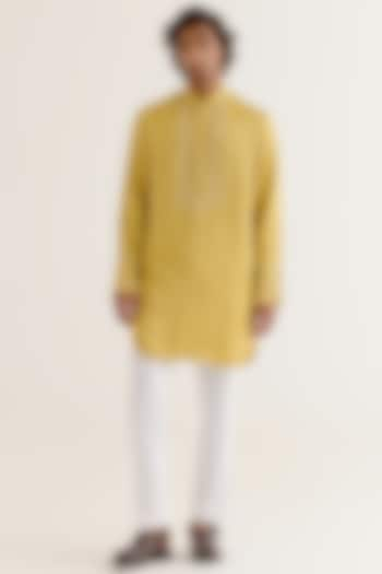 Mustard Yellow Silk Satin Dori Embroidered Kurta Set by Devnaagri Men at Pernia's Pop Up Shop