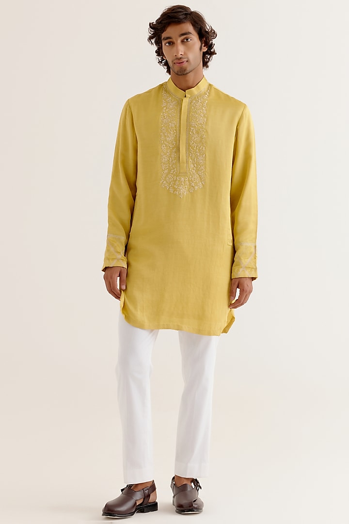 Mustard Yellow Silk Satin Dori Embroidered Kurta Set by Devnaagri Men at Pernia's Pop Up Shop