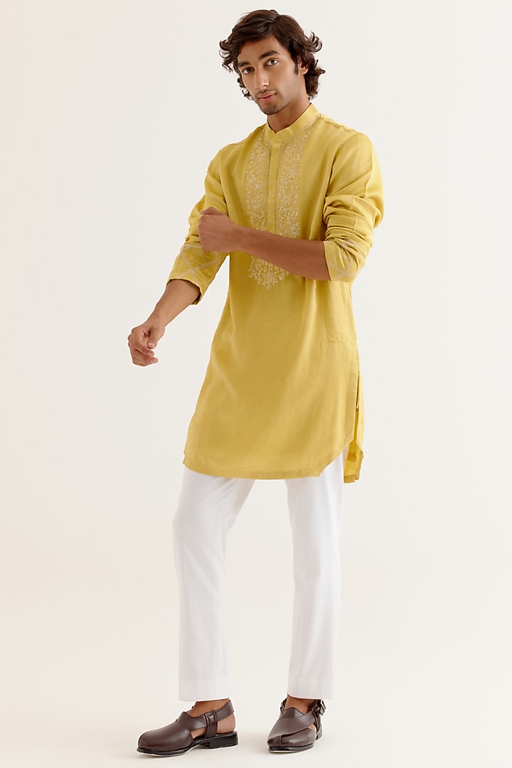Mustard Yellow Silk Satin Dori Embroidered Kurta Set by Devnaagri Men at Pernia's Pop Up Shop