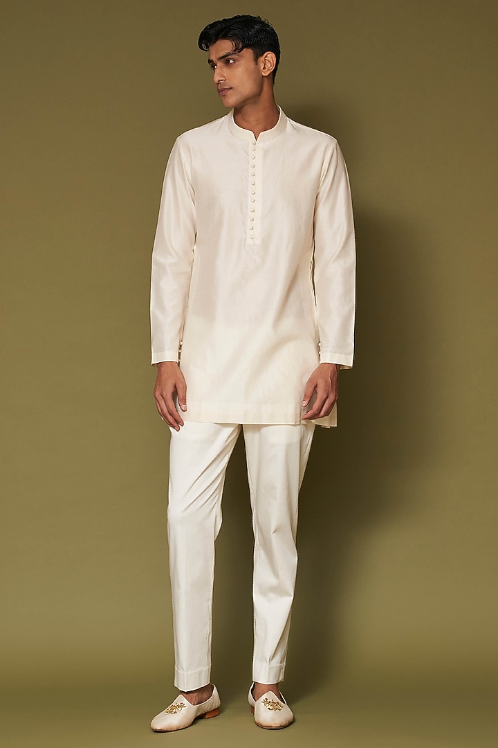 Ivory Linen Satin Dori Embroidered Wedding Bandhgala Set by Devnaagri Men at Pernia's Pop Up Shop