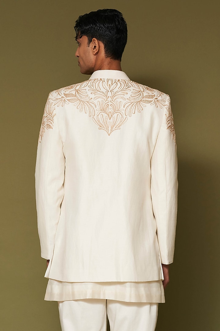 Ivory Linen Satin Dori Embroidered Wedding Bandhgala Set by Devnaagri Men at Pernia's Pop Up Shop