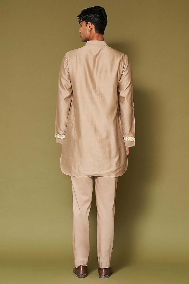Sand-Colored Silk Chanderi Dori Embroidered Kurta Set by Devnaagri Men at Pernia's Pop Up Shop