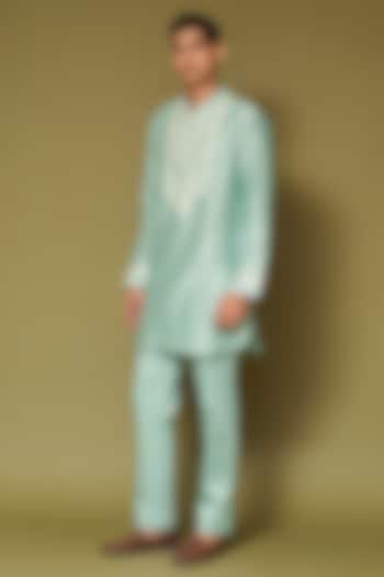 Aqua Silk Chanderi Dori Embroidered Kurta Set by Devnaagri Men at Pernia's Pop Up Shop