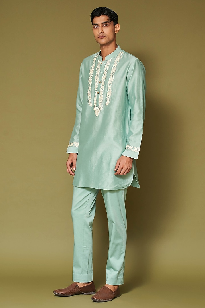 Aqua Silk Chanderi Dori Embroidered Kurta Set by Devnaagri Men at Pernia's Pop Up Shop