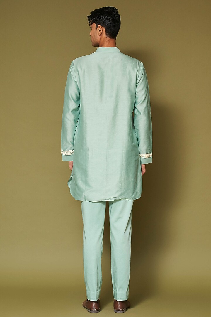 Aqua Silk Chanderi Dori Embroidered Kurta Set by Devnaagri Men at Pernia's Pop Up Shop