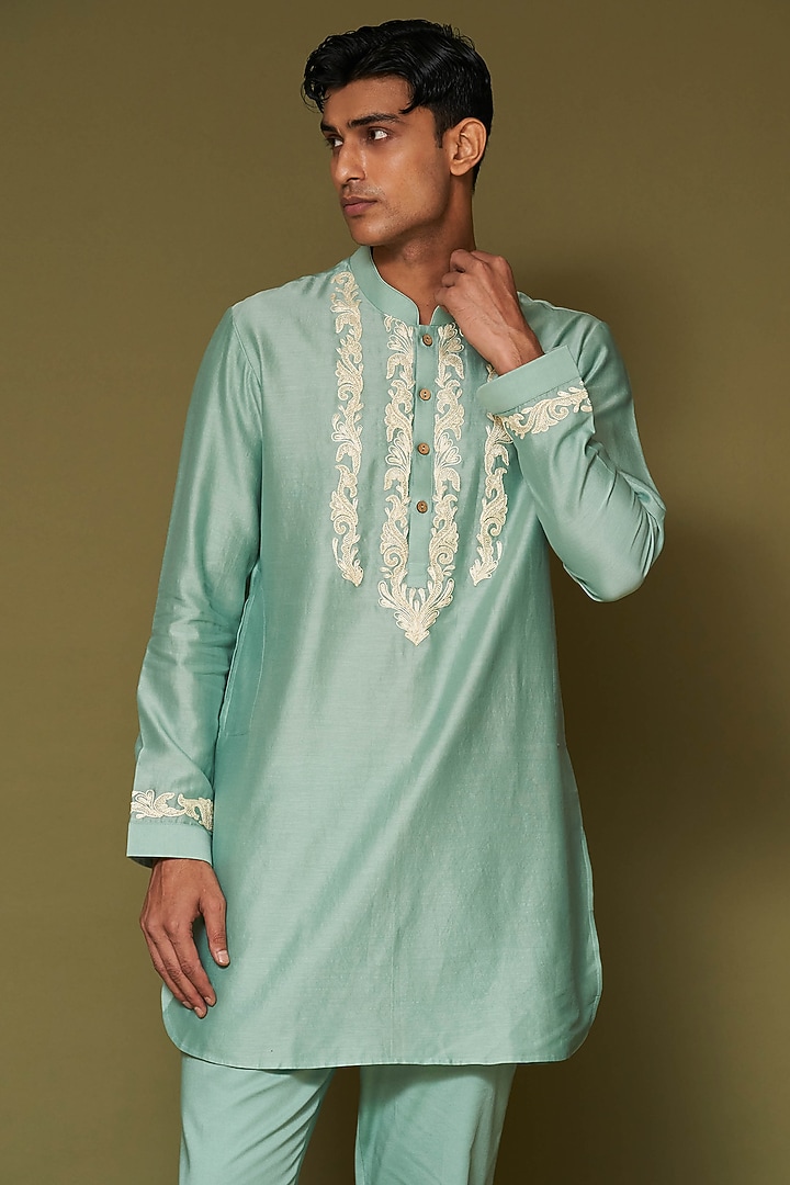 Aqua Silk Chanderi Dori Embroidered Kurta Set by Devnaagri Men at Pernia's Pop Up Shop