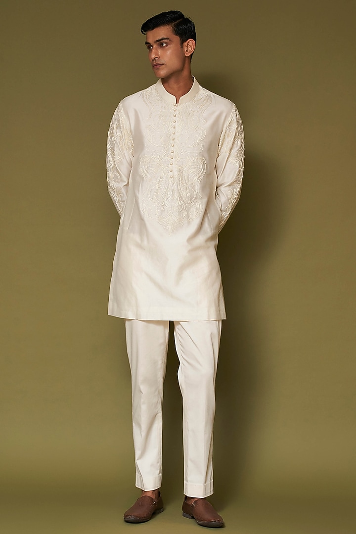 Ivory Silk Chanderi Dori Embroidered Kurta Set by Devnaagri Men at Pernia's Pop Up Shop
