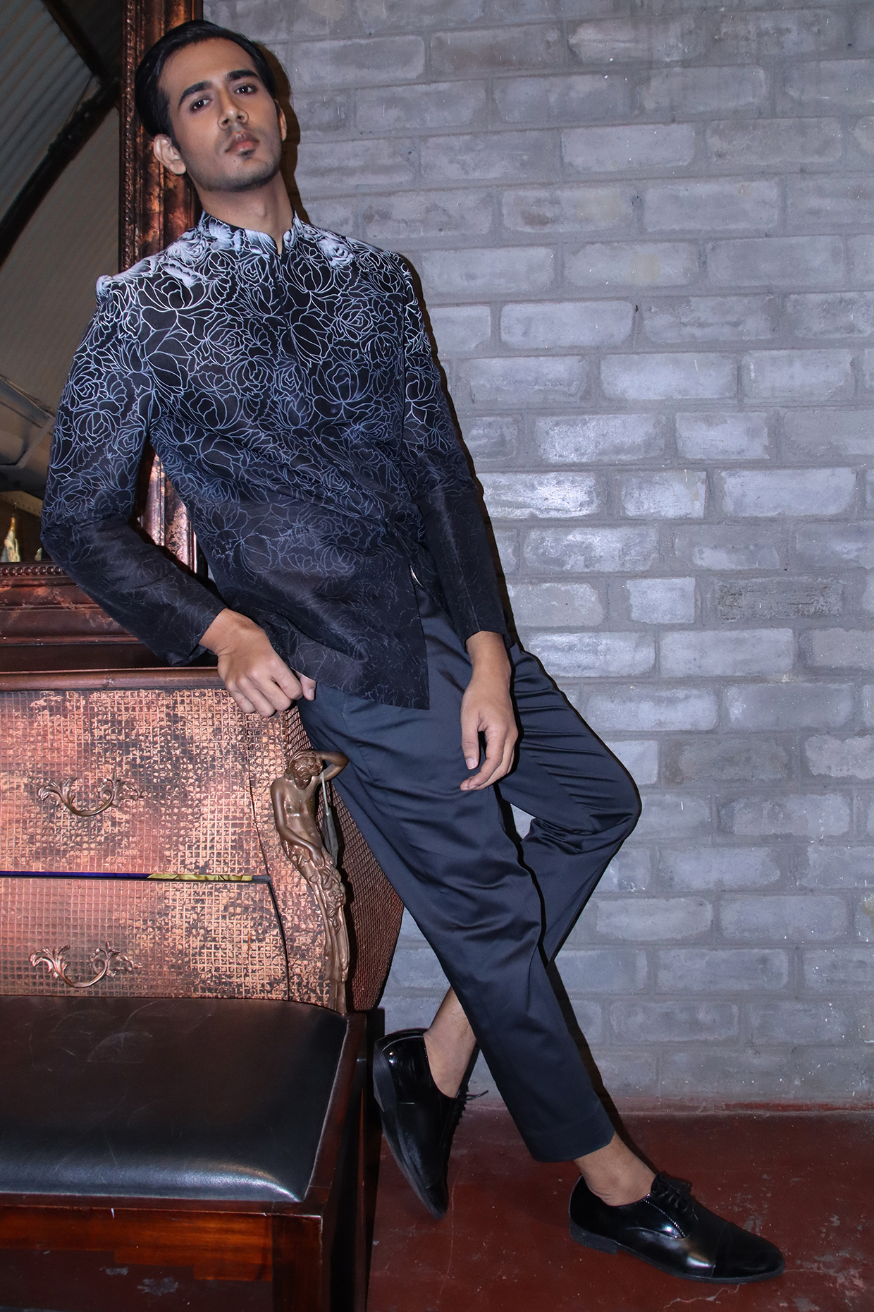 Black & White Dupion Silk Hand Painted Bandhgala Jacket by Dev R Nil Men