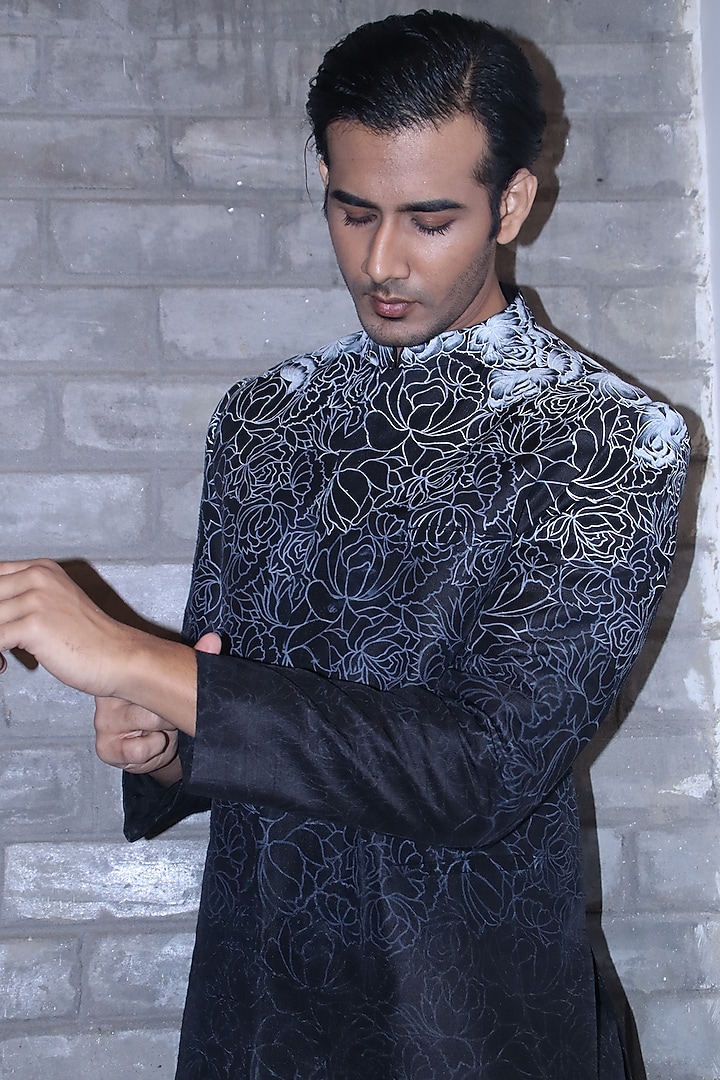 Black & White Dupion Silk Hand Painted Wedding Bandhgala Jacket by Dev R Nil Men at Pernia's Pop Up Shop