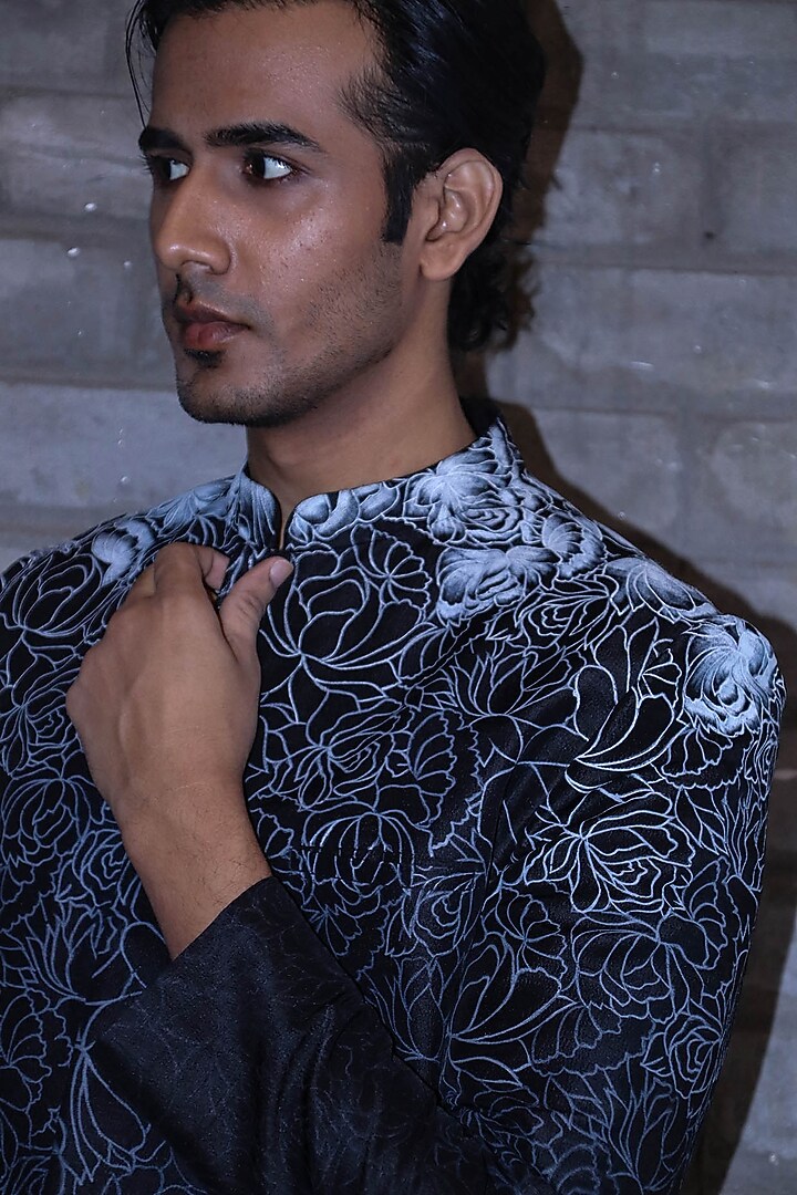 Black & White Dupion Silk Hand Painted Wedding Bandhgala Jacket by Dev R Nil Men at Pernia's Pop Up Shop