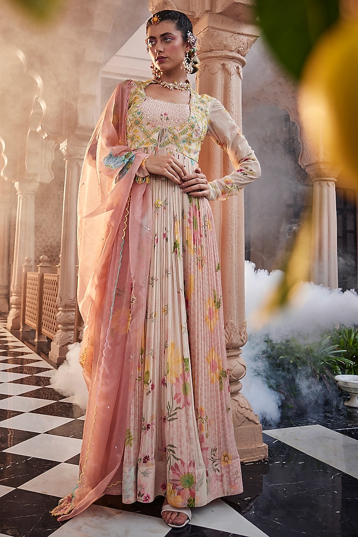 Pink Chiffon Printed & Embroidered Anarkali Set by Show Shaa at Pernia's Pop Up Shop