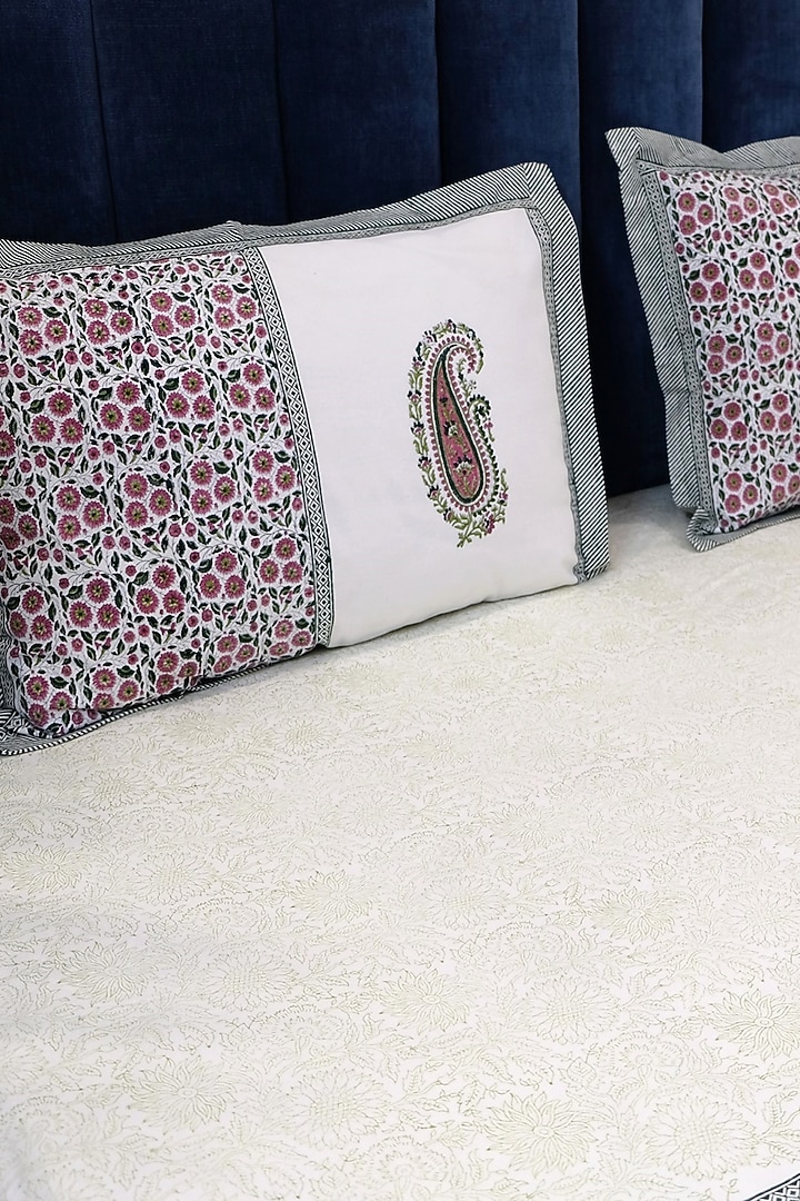 White & Pink Cotton Hand Block Printed Bedsheet (Set of 3) by Design Gaatha at Pernia's Pop Up Shop