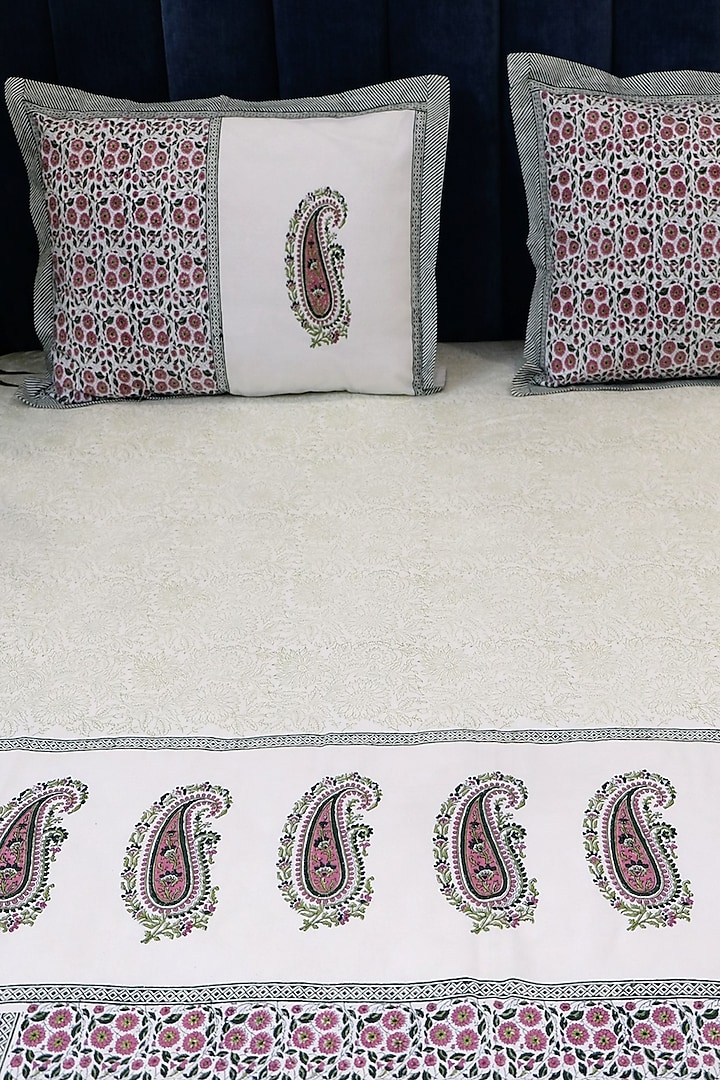 White & Pink Cotton Hand Block Printed Bedsheet (Set of 3) by Design Gaatha