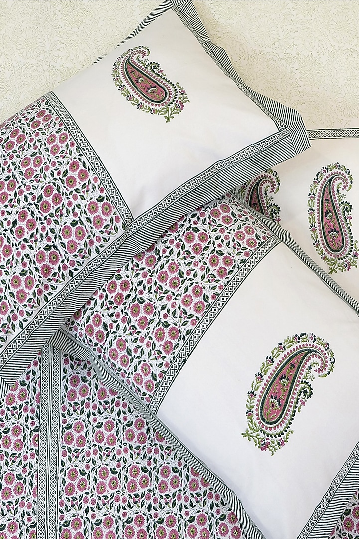 White & Pink Cotton Hand Block Printed Bedsheet (Set of 3) by Design Gaatha at Pernia's Pop Up Shop