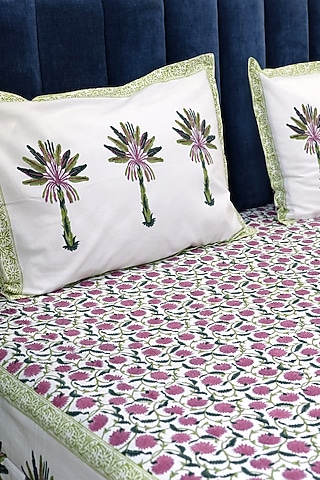 White Cotton Hand Block Printed Bedsheet (Set of 3) by Design Gaatha