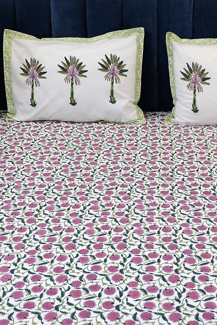 White Cotton Hand Block Printed Bedsheet (Set of 3) by Design Gaatha at Pernia's Pop Up Shop