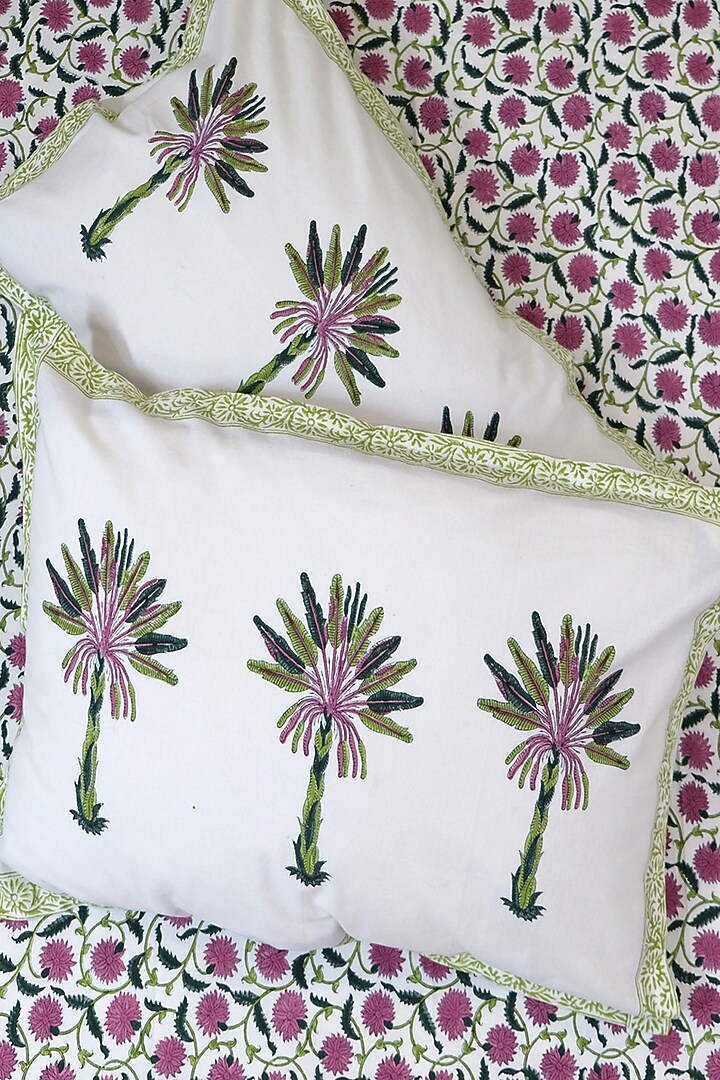White Cotton Hand Block Printed Bedsheet (Set of 3) by Design Gaatha at Pernia's Pop Up Shop